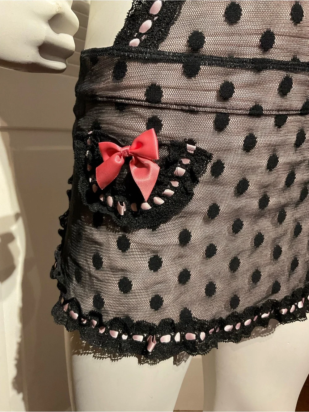 Victoria's Secret Black Mesh Polka Dot apron size 36D Y2K lingerie sexy